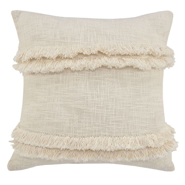 20" Beige Solid Fringed Square Throw Pillow