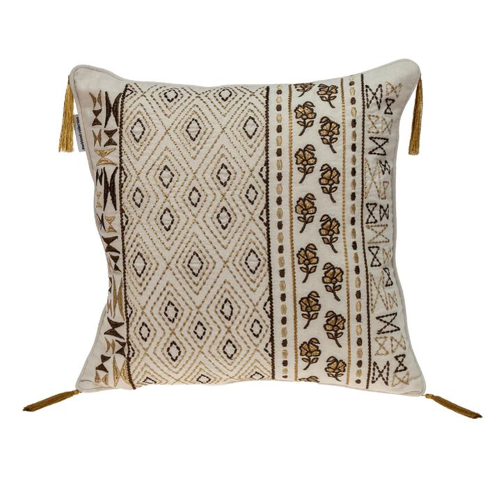 18" Beige and Gold Embroidered Floral Throw Pillow