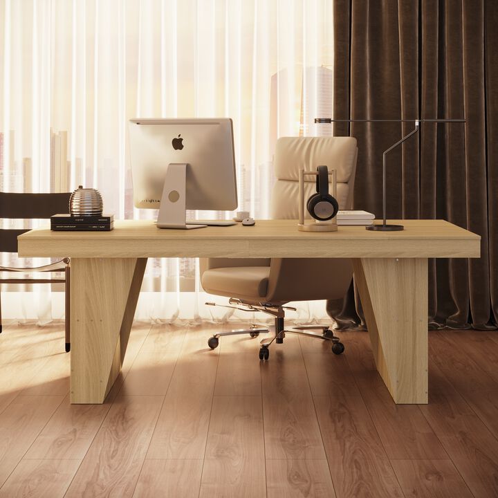 FUFU&GAGA Modern Wood Grain Office Desk with Storage Shelf, 2-Meter Length (78.7" W x 39.4" D x 29.6" H), Wood Grain Finish