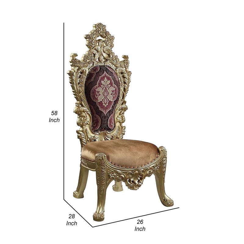 Rexx Side Dining Chair Set of 2, Crown Top, Nailhead Trim Gold and Red - Benzara