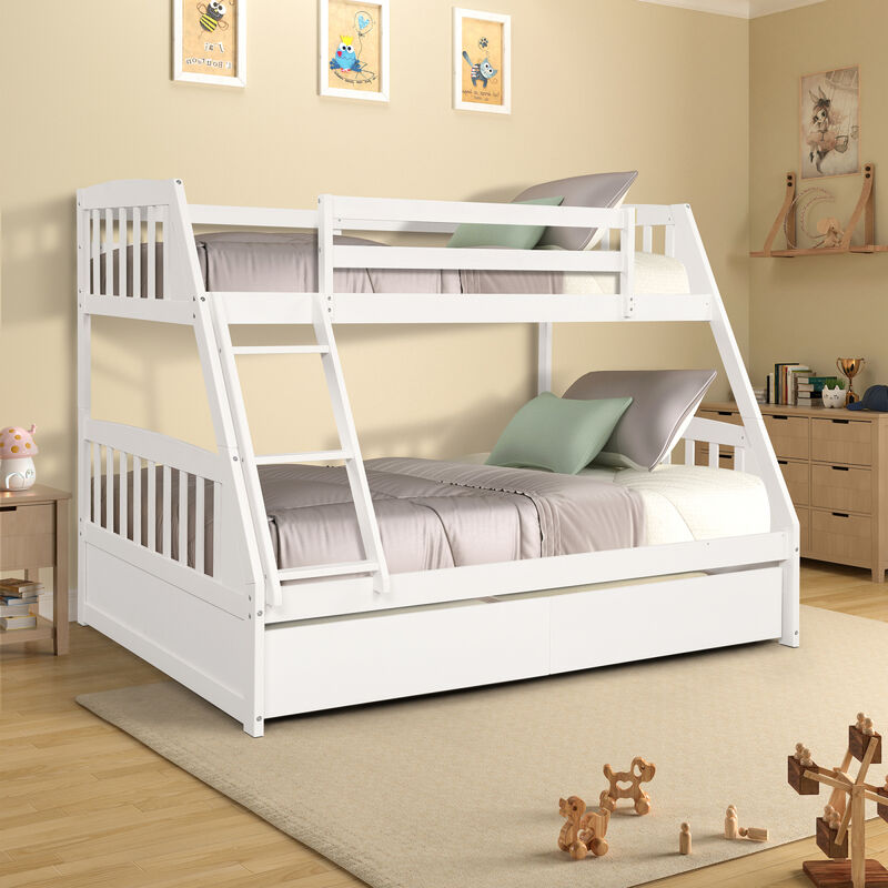 Solid Wood Twin Over Full Bunk Bed with Two Storage Drawers, White