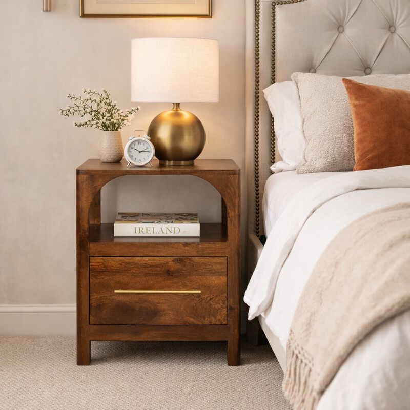 Artisan Furniture Solid Wood Arc Bedside Table, 1Drawer, 1 Open Shelf, Brown image number 1