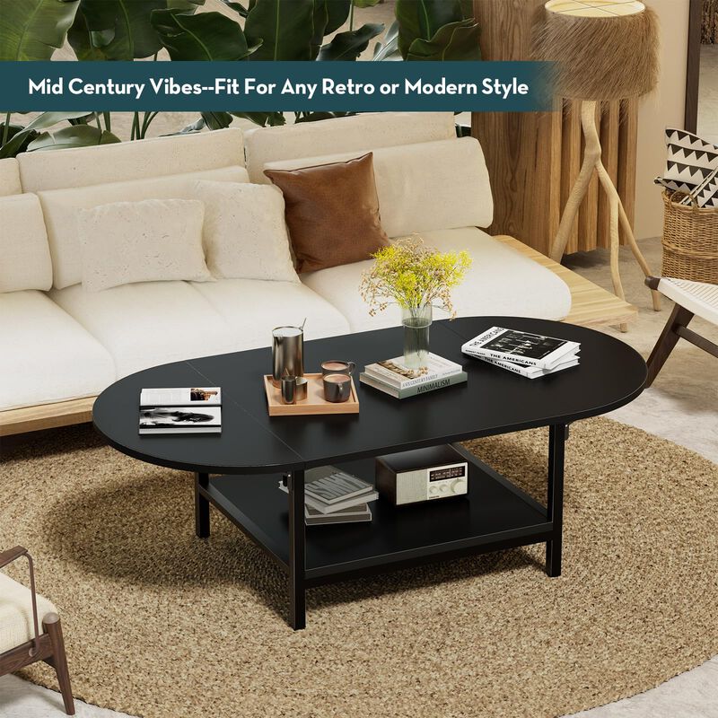 SAYGOER Black Coffee Table Modern Extended Coffee Tables with Storage for Living Room 2-Tier Unique Center Table with Two Foldab