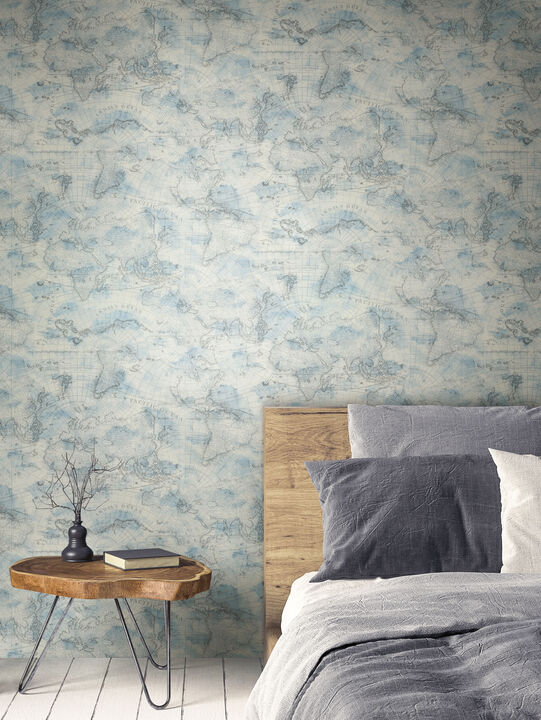 Coastal Map Blue & Grey Peel & Stick Wallpaper