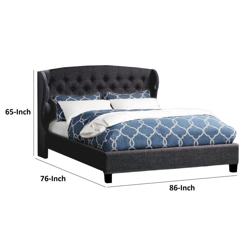 Jimi King Bed, Button Tufted Headboard, Charcoal Gray Polyester Upholstery - Benzara