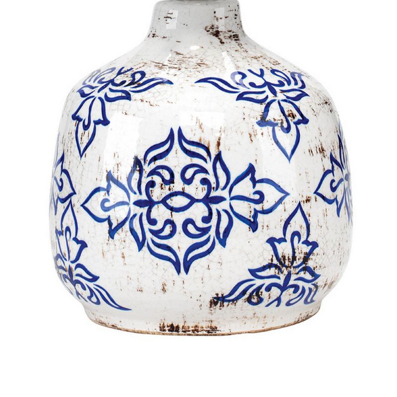 Table Lamp with Floral Pattern Ceramic Base, White - Benzara