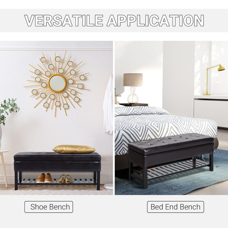 Multifunctional Dark Seat: 44" Tufted Faux Leather Ottoman with Shoe Storage