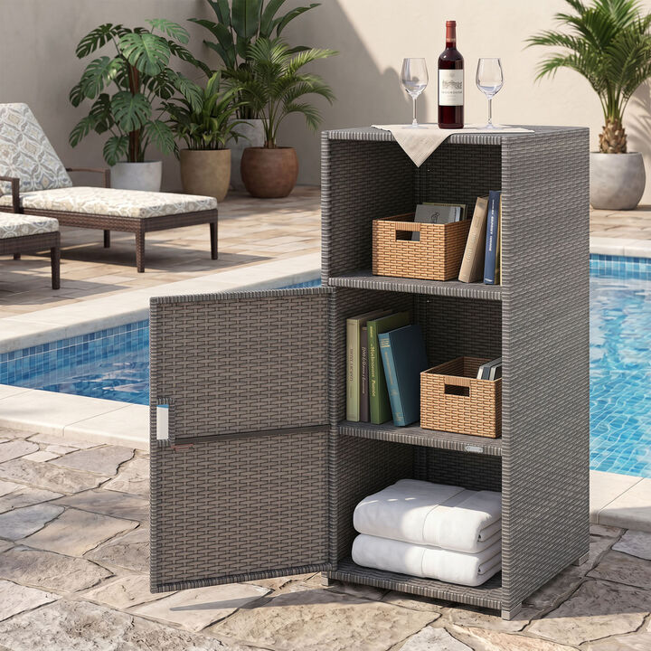 Outdoor PE Wicker Storage Cabinet with Door and Open Shelf Compartment for Patio Organization