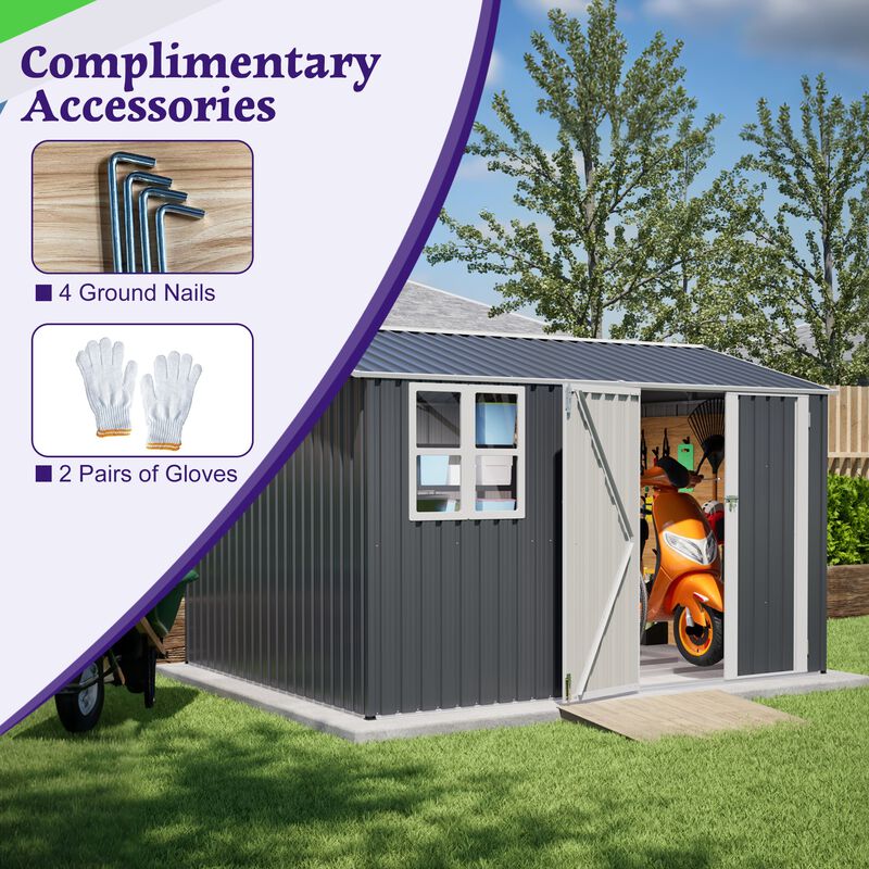 10X8FT Outdoor Steel Storage Shed with Clear Window,Lockable Doors,Weather-Resistant Metal Tool Shed image number 9