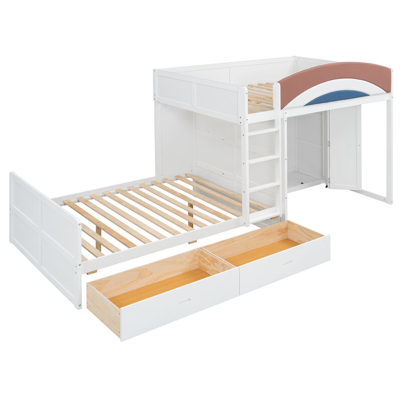Whisen 136" Full Size Offset Bunk Bed with Wardrobe & 2 Drawers, Upholstered Guardrail, MDF Plywood Space Saving Loft Bed for Kids Bedroom image number 5