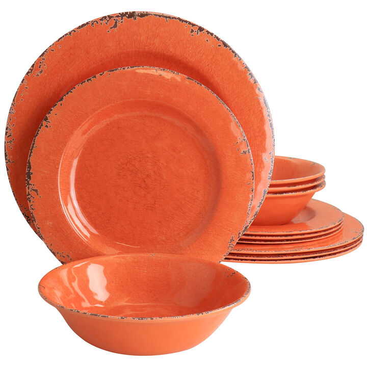 Laurie Gates California Designs Mauna 12 Piece Melamine Dinnerware Set in Crackle Orange