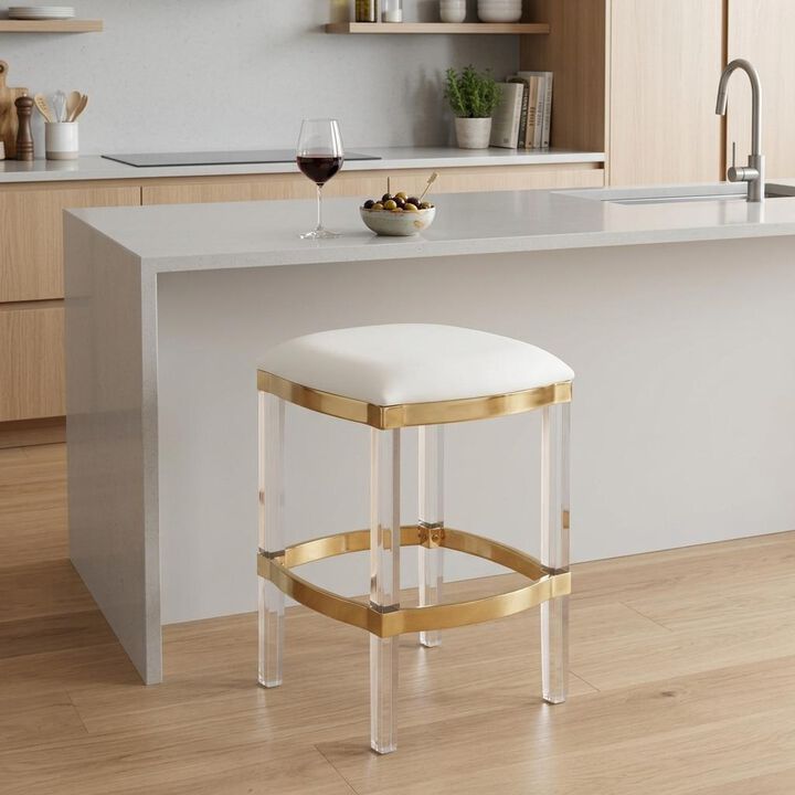 HomeRoots 24" White And Clear Genuine Leather And Steel Backless Counter Height Bar Chair