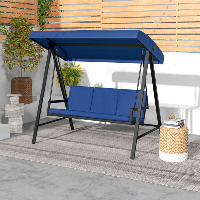 Outsunny 3-Seat Outdoor Porch Swing with Stand, Heavy duty Patio Swing Chair with Adjustable Canopy, Removable Cushions, Breathable Mesh Seat for Garden, Backyard and Poolside, Blue