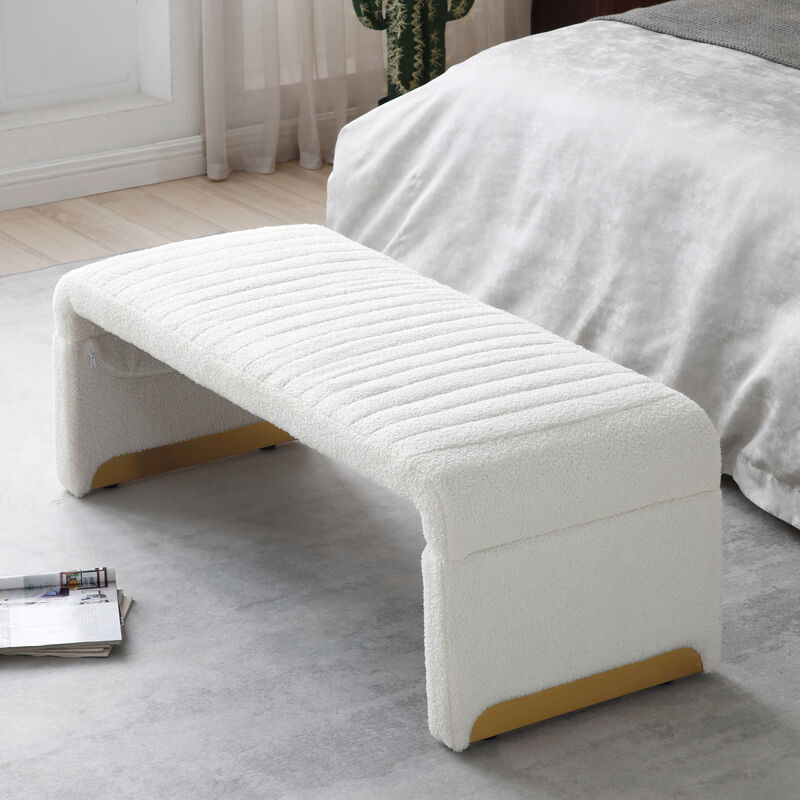 47.2" Width Modern Ottoman Bench, Upholstered Sherpa Fabric End of Bed Bench, Shoe Bench Footrest Entryway Bench Coffee Table for Living Room, Bedroom, Beige