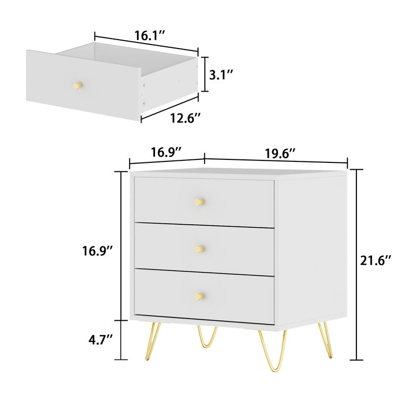 3-Drawer White Nightstands With Metal Legs, Side Table Bedside Table 21.6" H x 19.6" W x 16.9" D