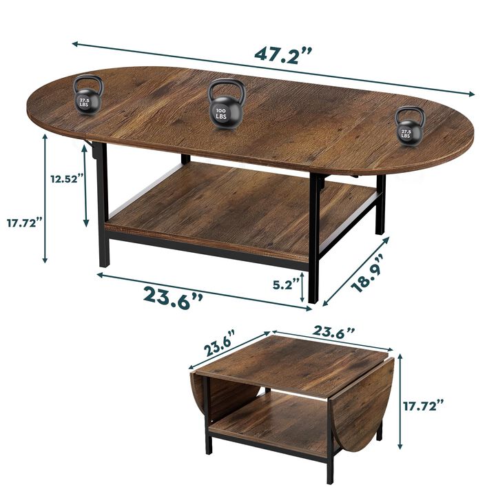 SAYGOER Coffee Table 2-Tier Small Folding Coffee Tables with Storage for Living Room Mid Century Center Table Vintage Extended T