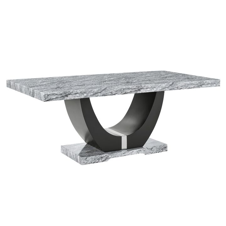 Lira Dining Table, 78 Inch Faux Marble Top, Black U Shaped Pedestal