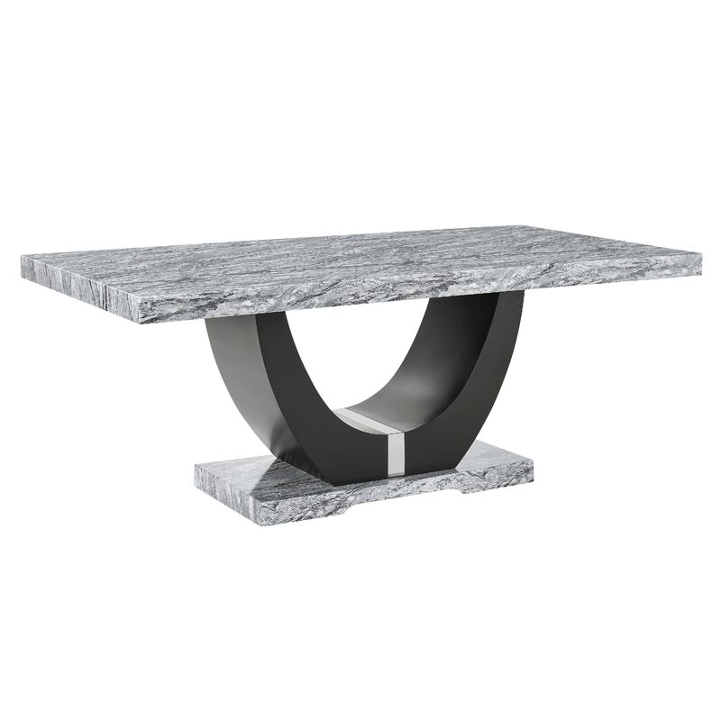 Lira Dining Table, 78 Inch Faux Marble Top, Black U Shaped Pedestal image number 0