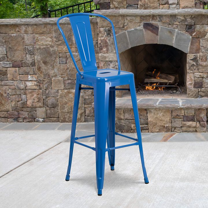 Flash Furniture Commercial Grade 30" High Blue Metal Indoor-Outdoor Barstool with Removable Back