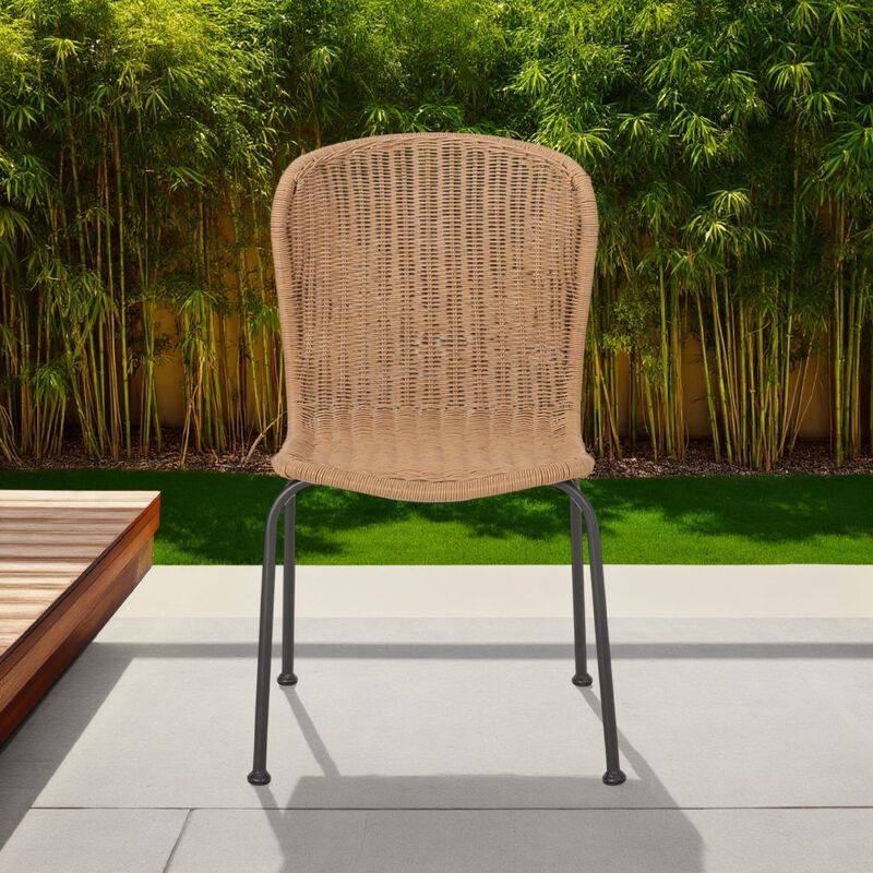 Outdoor Patio Chair Set of 2, Rattan Light Brown Wicker Weave, Scrolled - Benzara