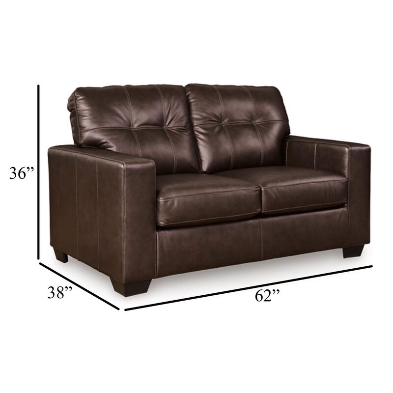 Orion Loveseat, Dark Brown Tufted Real and Faux Leather Seats, 62 Inch - Benzara
