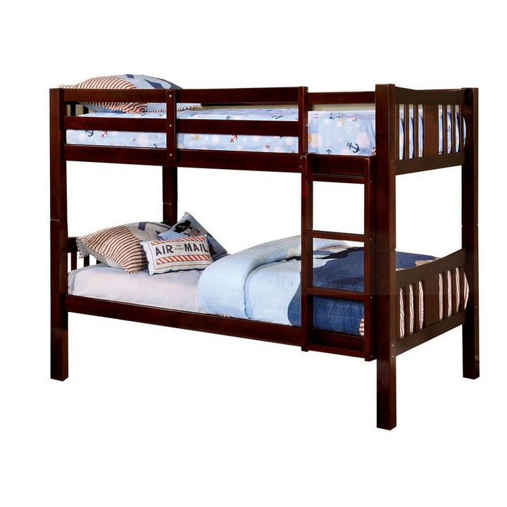 Slatted Twin Over Twin Bunk Bed with Attached Ladder, Espresso Brown-Benzara