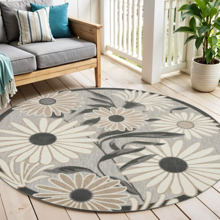 HomeRoots 5' Beige And Gray Round Floral Indoor Outdoor Area Rug