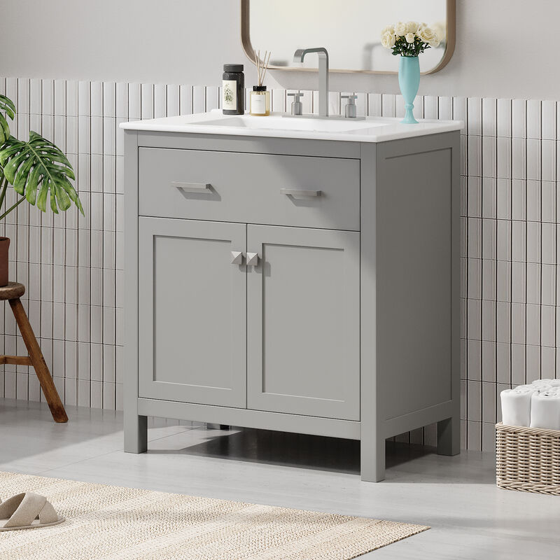 Whisen 30" Bathroom Storage Cabinet Bathroom Vanity with Ceramic Sink, 2 Soft Close Doors, Adjustable Shelf and Flip Drawer