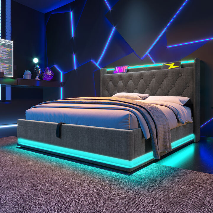 Merax Wingback Bed Frame with LED Lighting, Storage & Charging Ports