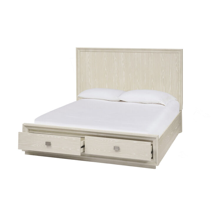 Maxi Queen Size Platform Bed, 2 Storage Drawers, High Headboard, Beige Wood - Benzara