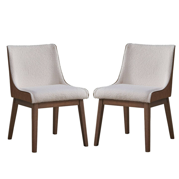 25 Inch Side Dining Chair Set of 2, Wingback, White Boucle, Walnut Brown - Benzara