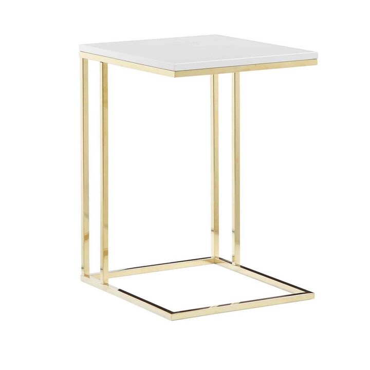 Zen 23 Inch Side End Tray Table, White Tray Top, Steel Base in Gold Finish