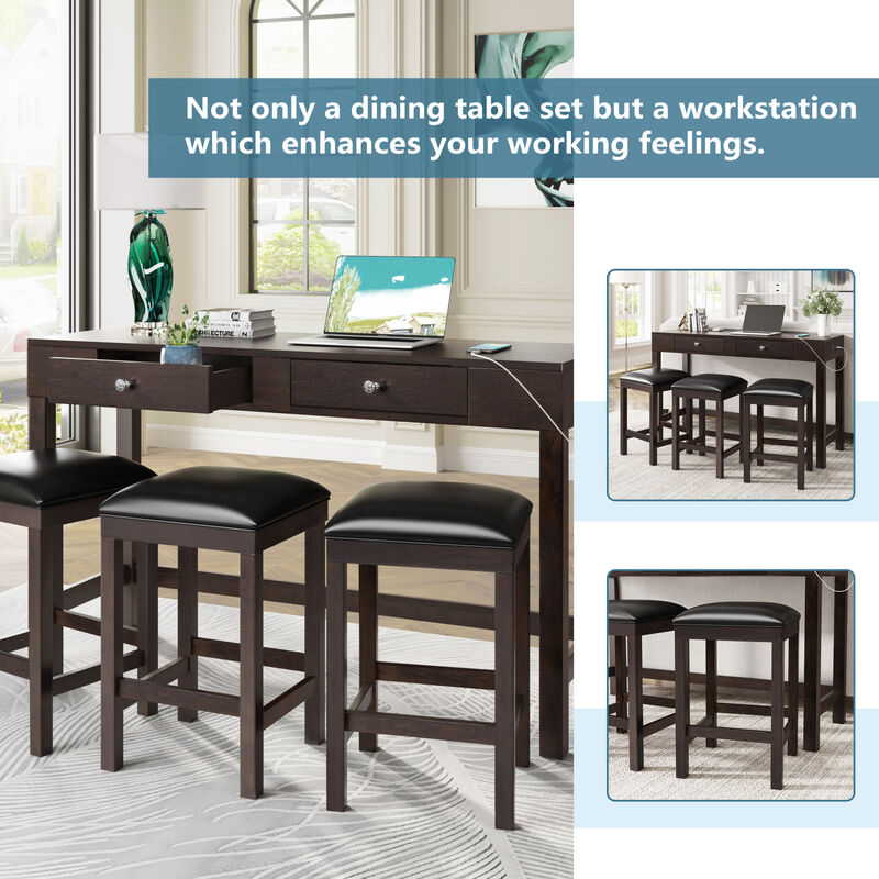 4-Piece Counter Height Table Set with Socket and Leather Padded Stools image number 6