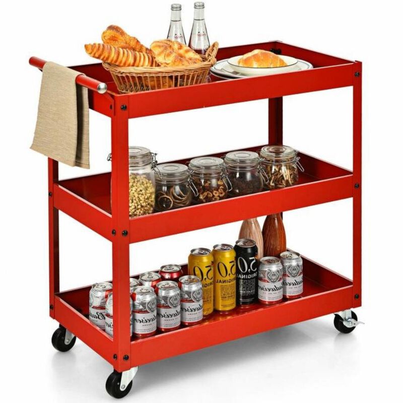 Kitchen Serving Island Cart on Wheels with Two Bottom Shelves for Mobile Storage and Easy Serving