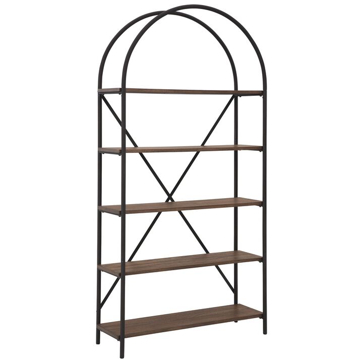 Tubular Framed Bookcase with 5 open Shelves, Brown and Black-Benzara