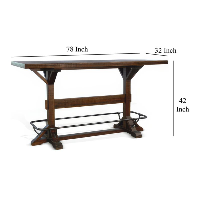 Flint Pub Bar Table, Black Metal Foot Rail, 78 Inch, Dark Brown Wood