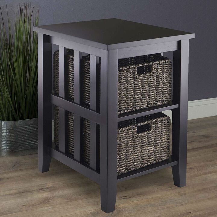 QuikFurn Espresso 3 Tier Bookcase Shelf Accent Table with 2 Small Storage Baskets