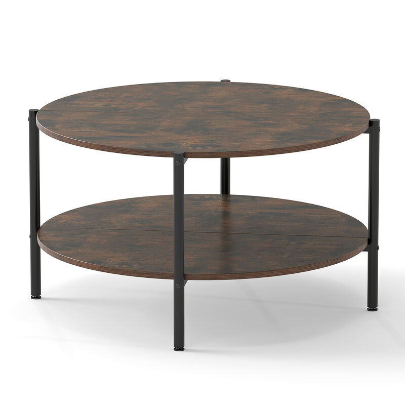 2 Tier Round Industrial Coffee Table with Open Storage Shelf-Rustic Brown image number 0