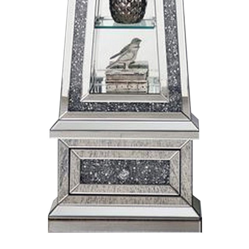 Mirrored Grandfather Clock with 3 Open Compartments, Silver - Benzara