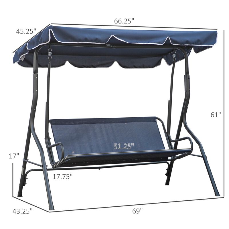 3-Person Patio Porch Swing with Adjustable Canopy for Adults, Steel Frame, Seat & Backrest Cushion, Armrests, Dark Blue & White Striped