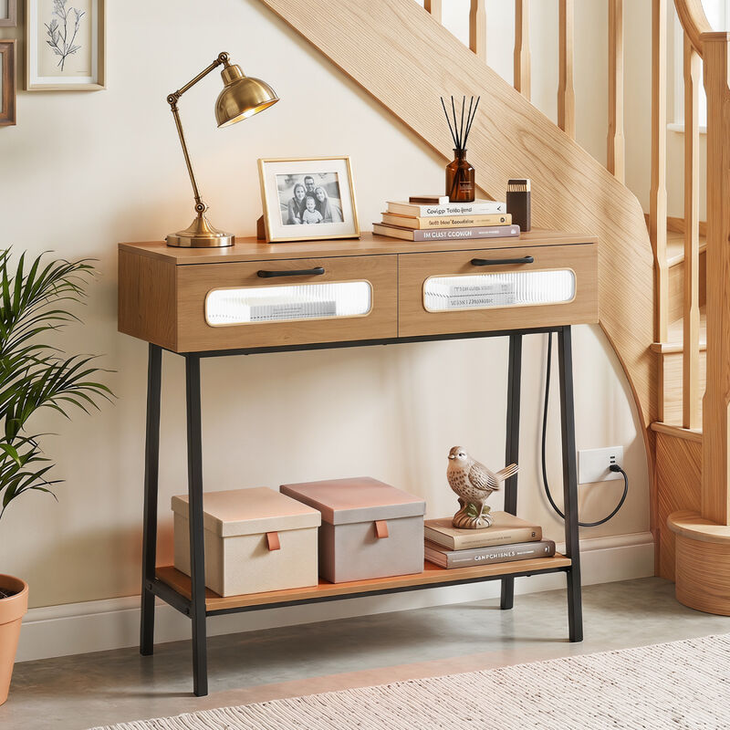 Entryway Console Table with LED Lighting and Open Display Shelf-Natural image number 5