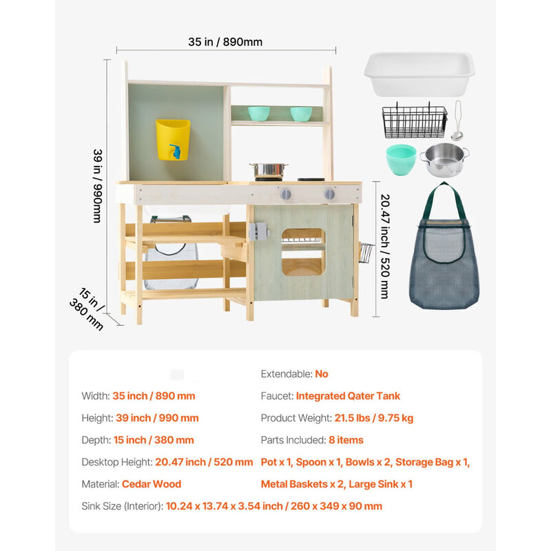 Wooden Mud Kitchen Toy for Kids &ndash; Outdoor Pretend Play Kitchen Set with Realistic Features, Storage & Play Sink for Toddlers