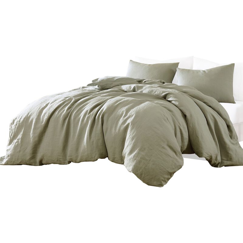 Edge 4 Piece Queen Size Duvet Comforter Set, Washed Linen, Sage Green - Benzara