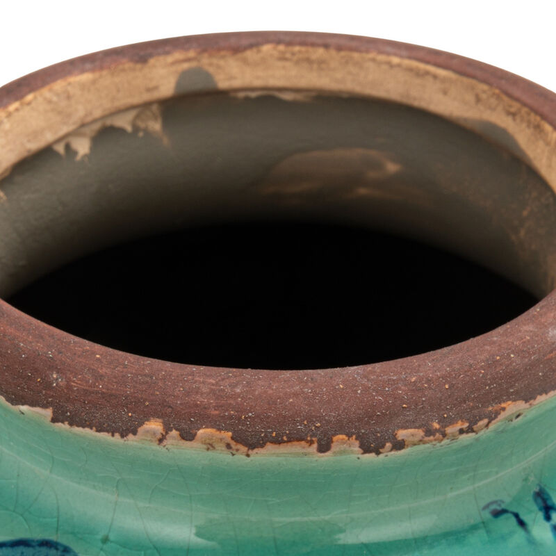 Round Decorative Terracotta Vase with Transferware Pattern, Aqua image number 4
