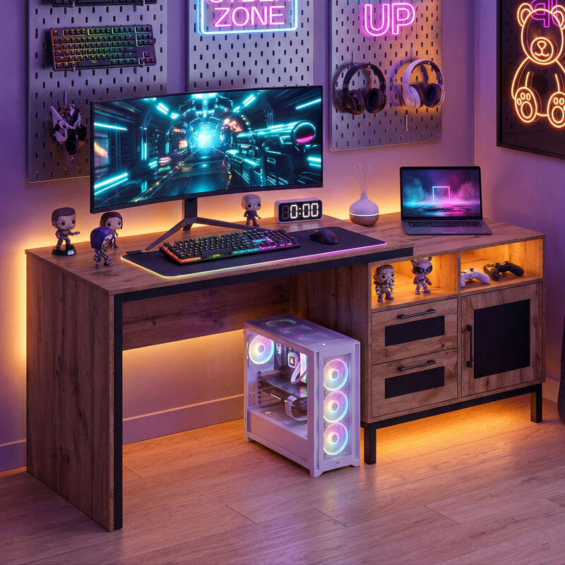 Modern Computer Desk with Open Compartments and Drawers for Storage image number 4