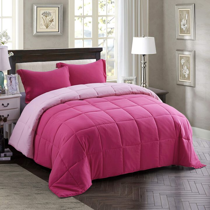 HIG 3pc Pink Queen Size Comforter Set - All Season Reversible Down Alternative Comforter with Two Shams - Quilted Duvet Insert w