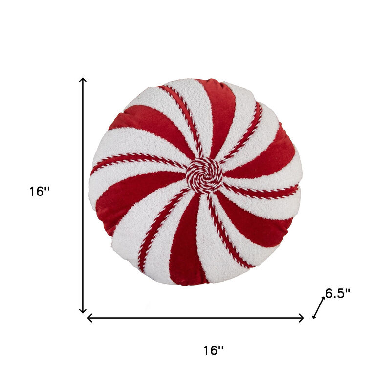 HomeRoots 16" Red And White Cotton Velvet Round Christmas Striped Throw Pillow image number 4