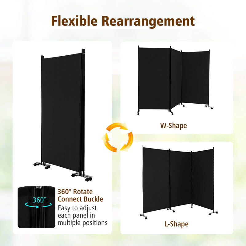 3 Panel Folding Room Divider with Lockable Wheels