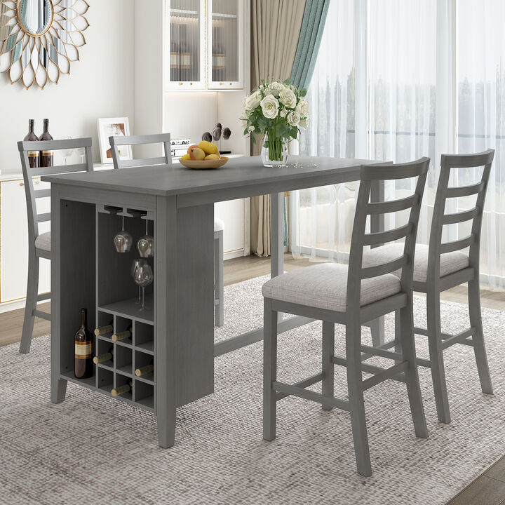 5-Piece Multi-Functional Rubber Wood Counter Height Dining Set with Padded Chairs and Integrated 9 Bar Wine Compartment, Wineglass Holders for Dining Room (Gray)
