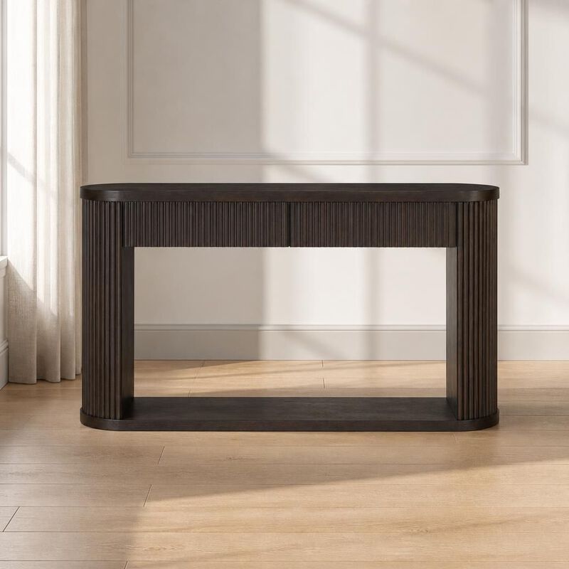 GOODSILO Oval Fluted Console Table with 2 Drawers & Bottom Shelf, Wood Entryway Table with Metal Slides for Living Room Entryway image number 3